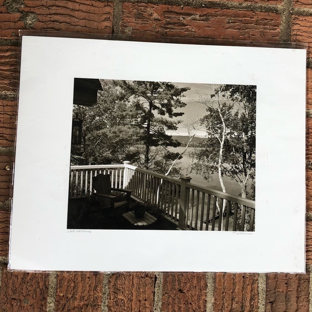 Black & White Vintage Photograph of Deck Overlooking Lake Washining by T. Weldon